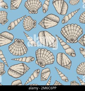 Seashell Collection – handgezeichnete Wasserskoole-Illustration. Nahtloses Muster skizzieren. Stockfoto