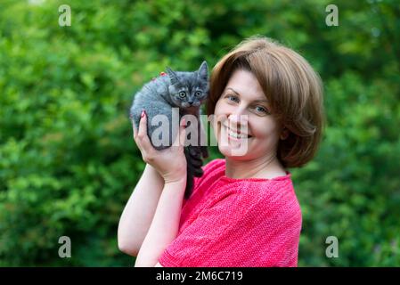 Die Frau hält ein Vollblut-Kätzchen. Schottische Straße Stockfoto