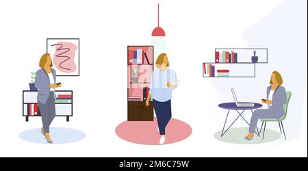 Geschäftsfrauen. Büromitarbeiter mit Notebook in verschiedenen Innenräumen. Frauen, die im Büro arbeiten. Isolierte, moderne Arbeitsbereiche. Vektorsatz Stock Vektor