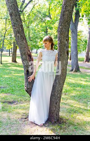 Die Braut in weißem Spitzenkleid steht neben dem Baum Stockfoto