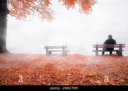 Mann auf der Werkbank eingehüllt durch Nebel im Herbst Dekor Stockfoto