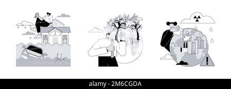 Abstraktes Konzept für Naturkatastrophen Vektor-Illustrationen. Hochwasser und tropischer Wirbelsturm und Tsunami, Verhinderung von Waldbränden, saurem Regen, Klimawandel, Löschdienst, Regenwasser abstrakte Metapher. Stock Vektor