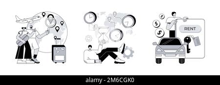Internationaler Tourismus abstraktes Konzept Vektor Illustration Set. Globales Reisen, Zeitzonen, Mietwagen-Service, Reisebüro, Ferienresortkette, Jet lag, abstrakte Metapher für Online-Mietwagenbuchungen. Stock Vektor