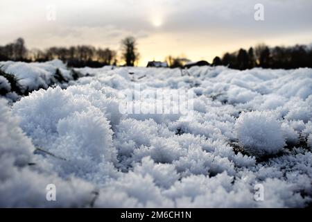 Schneekristalle bilden sich in einem Grasfeld zu Eiskugeln aus hervorstehenden Eisstücken. Der Sonnenaufgang führt zu einem Bauernhaus und einer Scheune. Stockfoto