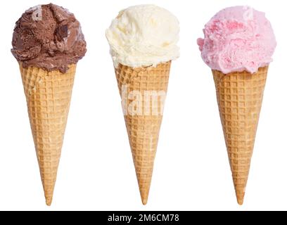 Eiscreme in der Waffensammlung Schaufel Vanilleeis Vanilleeis Schokoladeneis isoliert ausgenommen Stockfoto