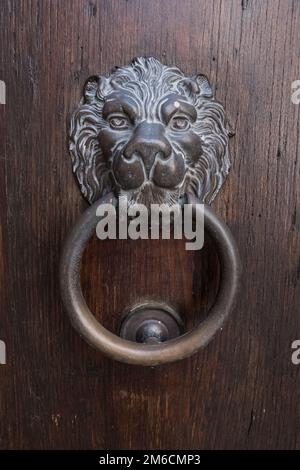 Vintage lion Schnauze Türklopfer auf einer hölzernen Tür. Stockfoto