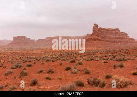 Foto von Setting Hen Butte im Tal der Götter an einem windigen, bedeckten Tag. Mexikanischer Hut, Utah, USA. Stockfoto