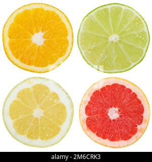 Zitrusfrüchte Tropenfrüchte sammeln Orangen Zitronenfrüchte quadratisch geschnitten halbe Clipping isoliert Stockfoto