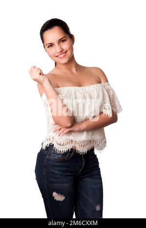 Wunderschönes, glückliches Frauenporträt Stockfoto