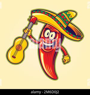 Mexikanisches Cinco de Mayo Chili Pfeffer Gitarre Logo Illustration Vektorabbildungen für Ihr Arbeitslogo, Merchandise-T-Shirt, Aufkleber und Etikettendesigns Stock Vektor