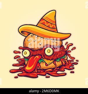 Mexikanischer Hut scharfe Piraten Burger Maskottchen Illustration Vektorbilder für Ihr Arbeitslogo, Merchandise-T-Shirt, Aufkleber und Etikettendesigns, Poster Stock Vektor