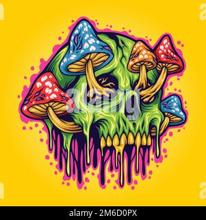 Magische Pilze Schädel psychedelische Illustration Vektorbilder für Ihre Arbeit Logo, Merchandise-T-Shirt, Aufkleber und Etikettendesigns, Poster Stock Vektor