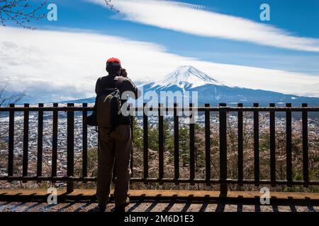 Touristen machen Fotos vom schneebedeckten Fuji, eingerahmt von blühenden Kirschbäumen. Fuji Five Lakes Region, Japan. Stockfoto