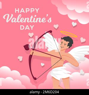 Flaches Design, fröhlicher Valentinstag mit Amor-Illustration Stock Vektor