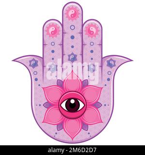 Hamsa-Symbol-Vektordesign mit Lotusblume und Yin Yang, Hand des fatima-Symbols, Illustration von Jamsa mit gottes Auge Stock Vektor