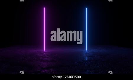 abstrakter 3D-Hintergrund-Rendering, zwei pinkfarbene und blaue Neonlichter am Boden, retrowave- und Synthwave-Illustration. Stockfoto