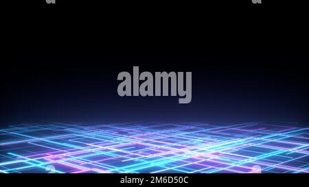 abstraktes 3D-Hintergrundrendering, pinkfarbene Neonlinien fliegen im Raum, retrowave- und Synthwave-Darstellung. Stockfoto