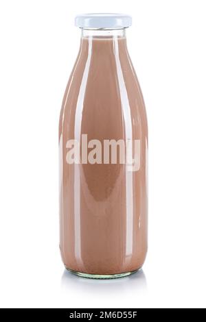 Milchflasche mit frischem Schokoladengetränk, isoliert auf weiß Stockfoto