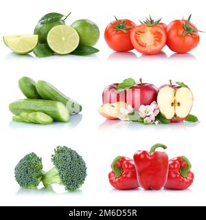 Obst Gemüse Sammlung isolierte Apfeläpfel Tomaten Paprika Farben frisches Obst Stockfoto