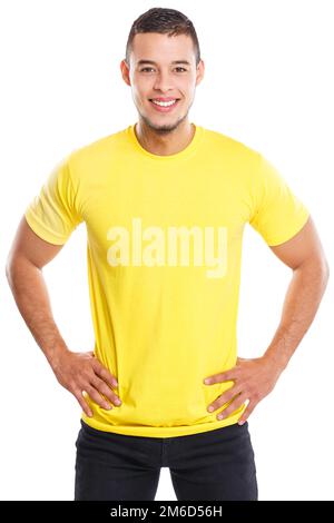 Ein junger latino lächelt fröhliche Porträts, Leute isoliert auf Weiß Stockfoto