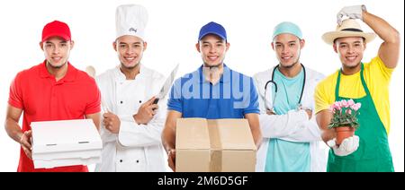 Berufe Berufsausbildung Berufsausbildungsberuf Arzt Koch Gruppe junger Menschen latein-Mann-Job isoliert auf weiß Stockfoto