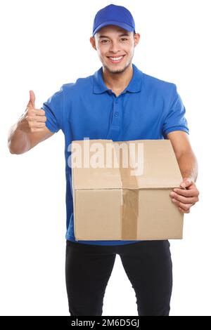 Paketzustelldienst Paketbestellung mit erfolgreichem Job isoliert auf Weiß Stockfoto
