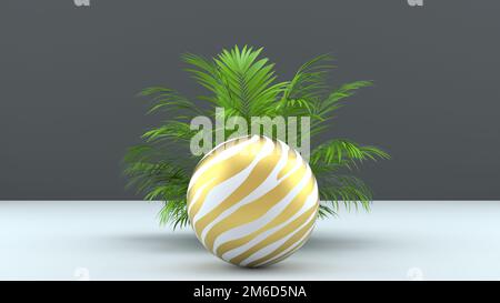 3D Rendern Sie abstrakten Hintergrund mit Palmenblättern, Kugel und goldenem Raster. Modernes minimalistisches Design. Trendige Hintergrundinformationen zu Produkt-des Stockfoto