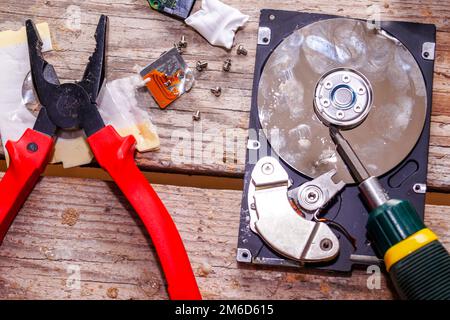 Ein Mann zerbricht einen Computer mit Schlosser. Stockfoto