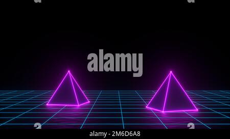 3D-Rendering der Neonpyramide auf Rasterhintergrund. Bannerdesign. RetroWave, Synthwave, Vaporwave Illustration. Party- und Verkaufskonvention Stockfoto