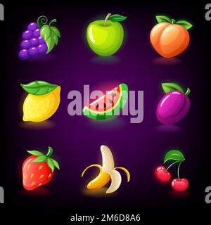 Bunte Obst slots Symbol für casino slot Maschine festlegen, Spiele, Symbole für mobile Arcade und Puzzle Spiele Vektor Stockfoto
