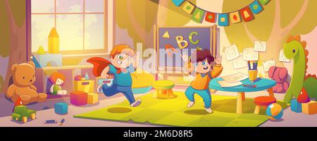 Kinder spielen im Kindergarten Spielzimmer. Einrichtung im Montessori-Schulraum mit Tisch, Tafel, Stuhl, Spielzeug, Bausteinen und zwei fröhlichen Jungen, Vektorgrafik in modernem Stil Stock Vektor