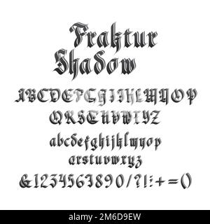 Gotische Schrift im Vintage-Stil mit Schattenvektordarstellung. Einzigartige dekorative schwarze Großbuchstaben und kalligraphische Kleinbuchstaben, Zahlen, Symbole und Schilder auf weißem Hintergrund. Lateinisch-mittelalterlicher Typ Stock Vektor