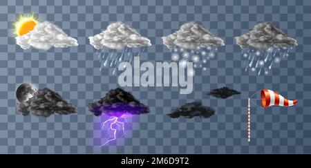 Wettersymbole realistische Darstellung des festgelegten Vektors. Realistische Elemente für Wettervorhersage, Sonne, Mond, Wolken mit Schnee und Regen, Gewitter mit Blitzen isoliert auf transparentem Hintergrund Stock Vektor