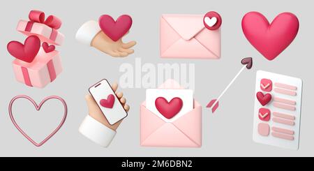 3D Ikonen aus der romantischen Kollektion. Herzen, Liebesbriefe und Geschenke. Konzept des Liebestags, Valentinstag, Social-Media-Likes, Hochzeitsveranstaltung. 3D-Rendering in hoher Qualität isoliert Stockfoto