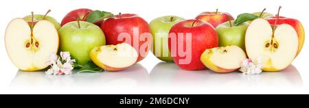 Apfelfrüchte rote und grüne Äpfel frisches Obst isoliert auf weiß hintereinander Stockfoto