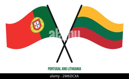 Portugal und Litauen Flaggen gekreuzt und winkend Flat Style. Offizieller Anteil. Korrigieren Sie Die Farben. Stock Vektor