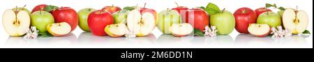 Äpfel Früchte rote und grüne Apfelbanner Früchte isoliert auf weiß hintereinander Stockfoto
