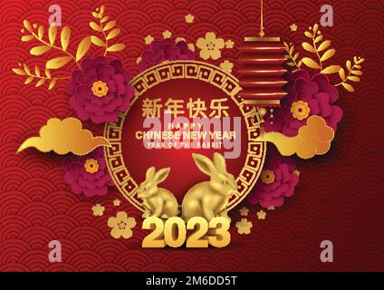 Frohes chinesisches Neujahr 2023 Jahr des Kaninchen-Zodiac Schild mit Blume 3D Buchstabe. Entwurf einer abstrakten Vektordarstellung (Übersetzung: Frohes neues Jahr) Stock Vektor
