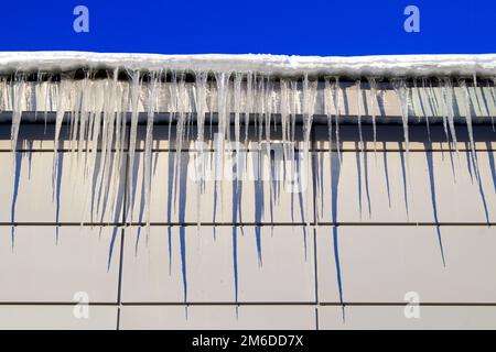 Viele große und scharfe Eiszapfen hängen auf dem Dach des Hauses. Stockfoto