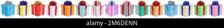 Geburtstagsgeschenke weihnachten Geschenke in einer Reihe Kollektion Set Gruppe isoliert auf Weiß Stockfoto