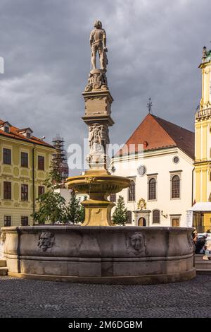 Brunnen auf dem Hauptplatz vor dem alten Rathaus bratislava Stockfoto
