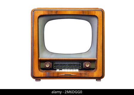 Retro-fernseher mit Holzgehäuse, isoliert auf weißem Hintergrund. Retro-Fernsehen Stockfoto