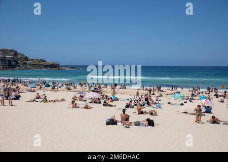 Bondi Beach Sydney Australien, Sommertag 2023, mit klarem blauem Himmel strömen Menschen zum Sonnenbaden am Bondi Beach, Sydney, Australien Stockfoto