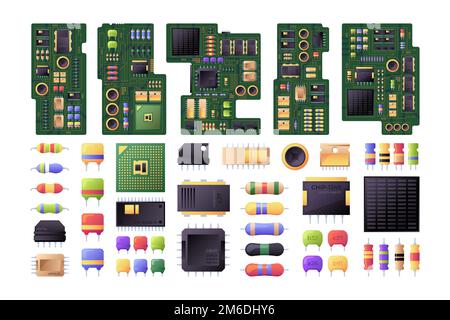 Halbleiterplatinen. Hardware-Komponenten Mikrochip-Dioden Hauptplatine Mikroprozessorelektronik. Vektorsatz mit Schaltkreis und Mikrochip zur Computerdarstellung Stock Vektor