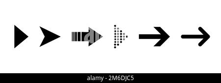 Pfeilsymbol. Satz von schwarzen, isolierten Pfeilen für Vektorsymbole. Pfeil. Sammlung „Vektorpfeile“. Stockfoto