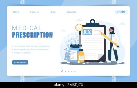 Verschreibungspflichtig. Landing-Page-Vorlage. Eine arabische Ärztin, die ein Rezept für einen Patienten schreibt. Gesundheits- und Apothekenkonzept. Vektordarstellung in Stock Vektor