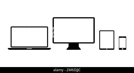 Symbole für Geräte festlegen isolierte Technologieprodukte. Symbole für Desktop-Tablet-Telefone. Modell einer Webanwendung oder Webs für responsives Design Stockfoto