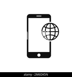 Smartphone mit Globus-Symbol. Isoliertes Roaming-Schild. Schild für Internet-Technologie im Reisebüro. Stockfoto