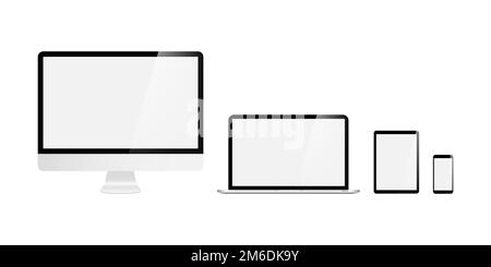 Gruppe von Geräten auf weißem Hintergrund. Computer, Laptop, Tablet und Smartphone mit leeren Bildschirmen. Modell. Stockfoto