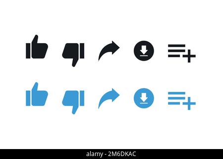 Eine Reihe von Symbolen für soziale Medien zeigt nach oben und unten, um Inhalte im trendigen, flachen Stil herunterzuladen. Stockfoto